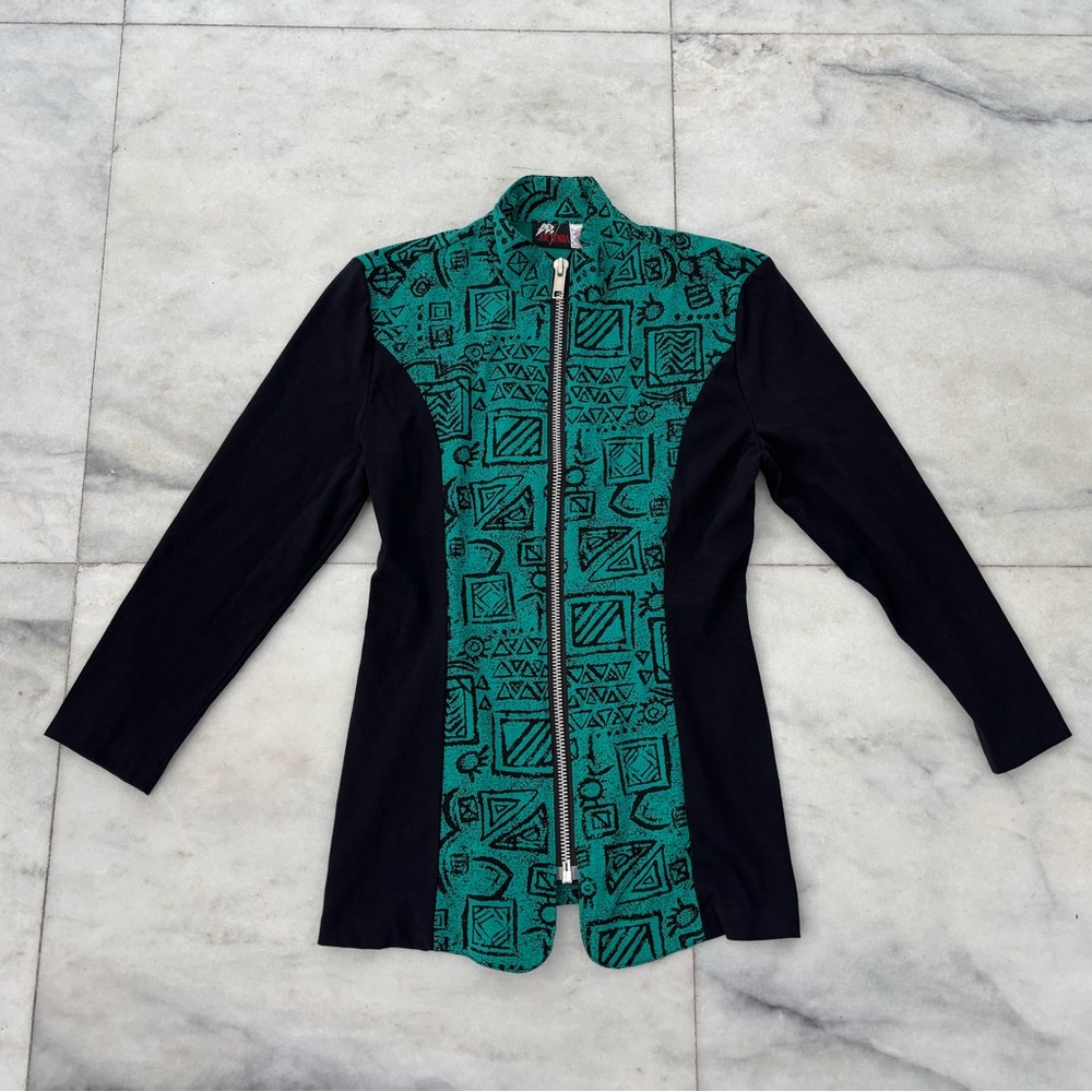 VTG Joe Benbasset Jacket Black Green Geometric Full Zip Womens M 90s Retro Artsy